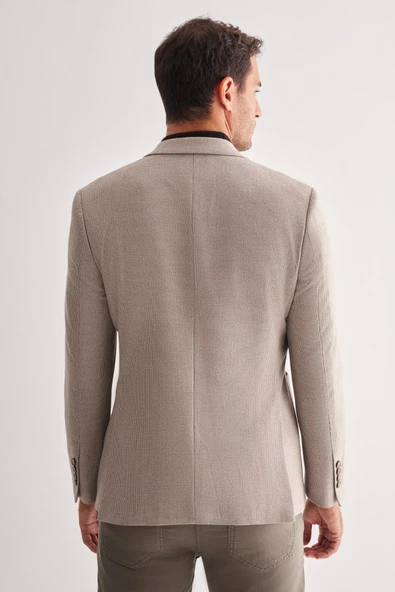 Bej Mono Yaka Desenli Örme Astarlı Çift Yırtmaç Esnek 4 Drop Comfort Fit Classic Ceket 1002255112 - Resim 5
