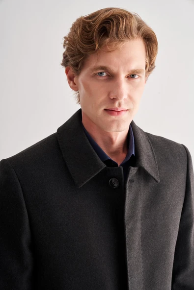 Koyu Antrasit Kaşe Bebe Yaka Kapitoneli Astar Comfort Fit Rahat Kesim Klasik Kaban 1008245161 - Resim 4