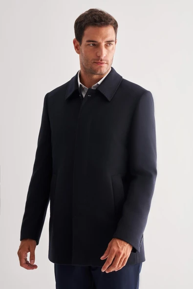 Koyu Lacivert Kaşe Bebe Yaka Kapitoneli Astar Comfort Fit Rahat Kesim Klasik Kaban 1008245161 - 3