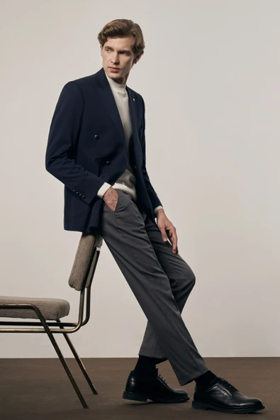 Koyu Lacivert Kılıç Yaka Pamuklu 6 Drop Slim Fit Classic Kruvaze Ceket 1002255113 - Resim 3