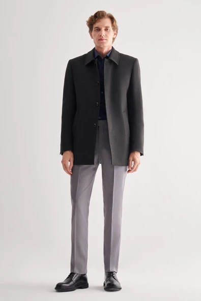 Koyu Antrasit Kaşe Bebe Yaka Kapitoneli Astar Comfort Fit Rahat Kesim Klasik Kaban 1008245161 - Resim 2