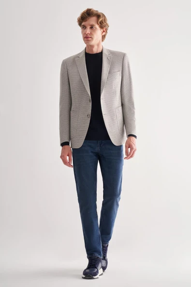 Gri Mono Yaka Desenli Örme Astarlı Çift Yırtmaç Esnek 4 Drop Comfort Fit Classic Ceket 1002255112 - Resim 2