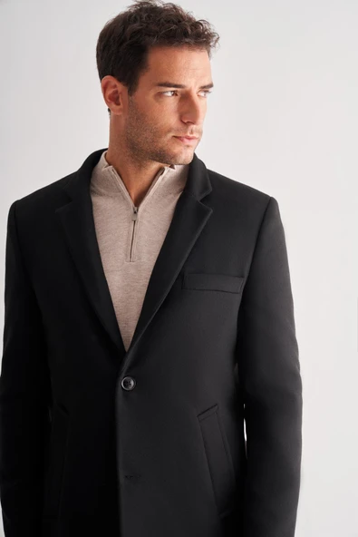 Siyah Dik Yaka Esnek Slim Fit Classic Kaşe Kaban 1008255171 - 4