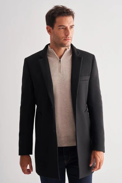 Siyah Dik Yaka Esnek Slim Fit Classic Kaşe Kaban 1008255171 - 3