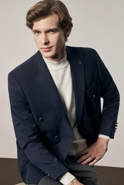 Koyu Lacivert Kılıç Yaka Pamuklu 6 Drop Slim Fit Classic Kruvaze Ceket 1002255113 - Resim 4