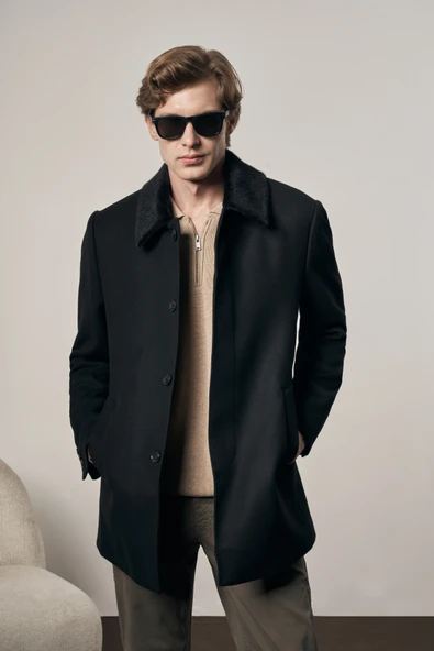 Siyah Kürklü Yaka Classic Comfort Fit Esnek Kaban 1008255163 - 2