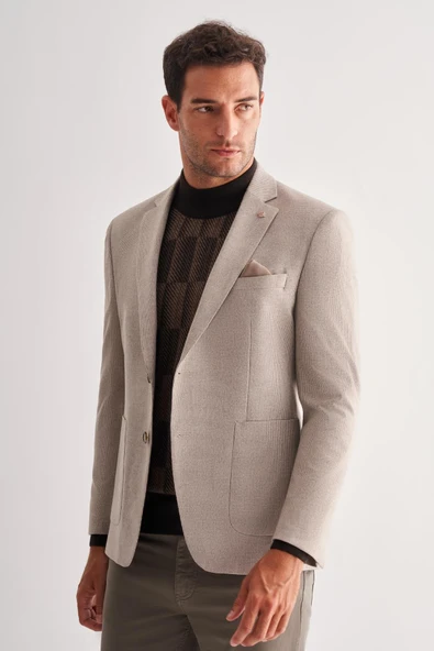 Bej Mono Yaka Desenli Örme Astarlı Çift Yırtmaç Esnek 4 Drop Comfort Fit Classic Ceket 1002255112 - Resim 3