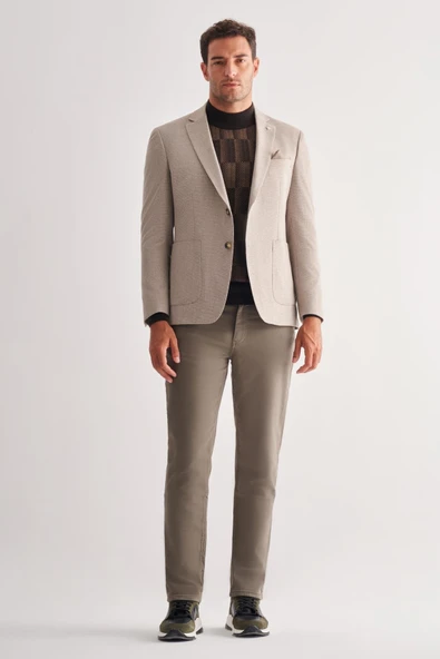 Bej Mono Yaka Desenli Örme Astarlı Çift Yırtmaç Esnek 4 Drop Comfort Fit Classic Ceket 1002255112 - Resim 2