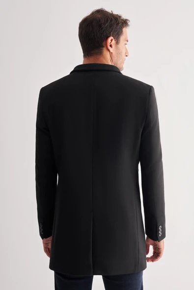 Siyah Dik Yaka Esnek Slim Fit Classic Kaşe Kaban 1008255171 - 5