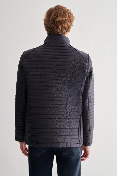 Koyu Lacivert Dik Yaka Tam Astar Casual Slim Fit Kapitone Dolumlu Mont 1007255264 - Resim 5