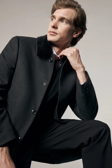 Antrasit Kürklü Yaka Classic Comfort Fit Esnek Kaban 1008255163 - 3