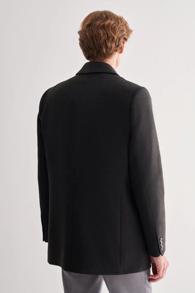 Koyu Antrasit Kaşe Bebe Yaka Kapitoneli Astar Comfort Fit Rahat Kesim Klasik Kaban 1008245161 - Resim 5