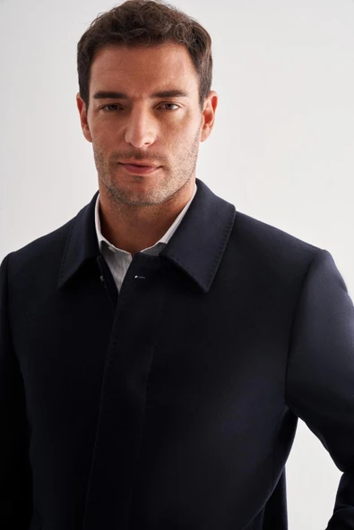 Koyu Lacivert Kaşe Bebe Yaka Kapitoneli Astar Comfort Fit Rahat Kesim Klasik Kaban 1008245161 - 4