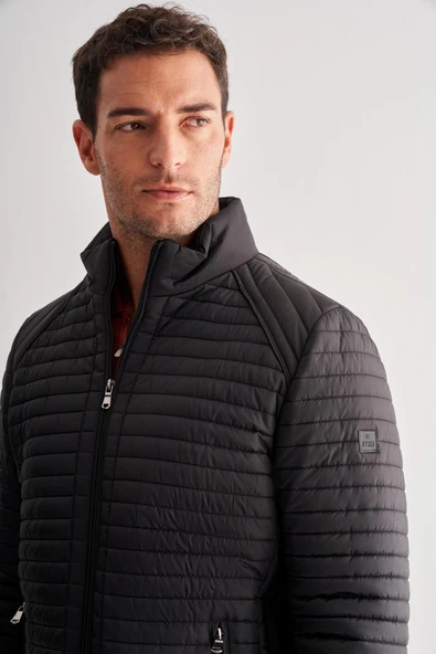 Siyah Dik Yaka Tam Astar Casual Slim Fit Kapitone Dolumlu Mont 1007255264 - 4