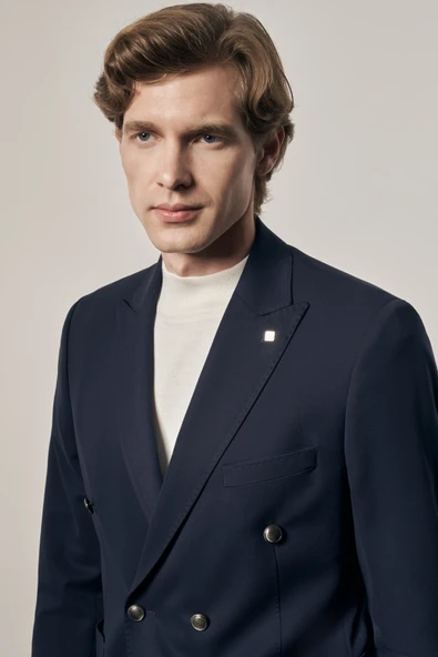 Koyu Lacivert Kılıç Yaka Pamuklu 6 Drop Slim Fit Classic Kruvaze Ceket 1002255113 - Resim 5