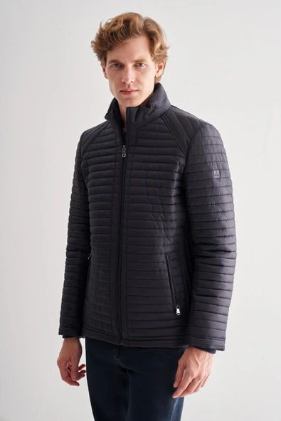 Koyu Lacivert Dik Yaka Tam Astar Casual Slim Fit Kapitone Dolumlu Mont 1007255264 - Resim 3