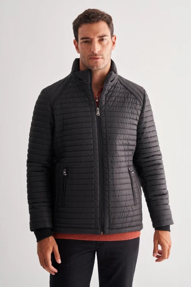 Siyah Dik Yaka Tam Astar Casual Slim Fit Kapitone Dolumlu Mont 1007255264