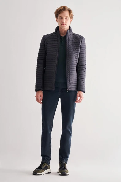 Koyu Lacivert Dik Yaka Tam Astar Casual Slim Fit Kapitone Dolumlu Mont 1007255264 - Resim 2