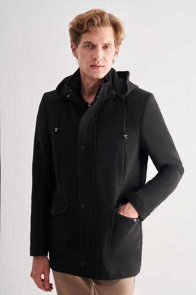 Siyah Kaşe Dik Yaka Astarlı Slim Fit Dar Kesim Klasik Kaban 1008245272