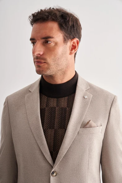 Bej Mono Yaka Desenli Örme Astarlı Çift Yırtmaç Esnek 4 Drop Comfort Fit Classic Ceket 1002255112 - Resim 4