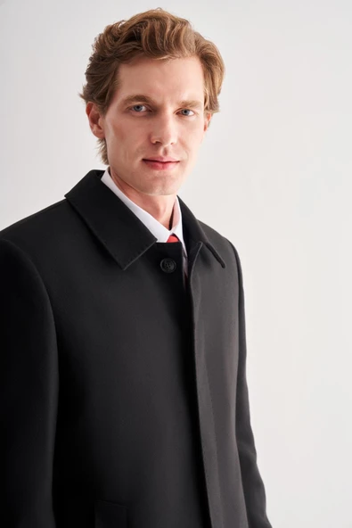 Siyah Kaşe Bebe Yaka Kapitoneli Astar Comfort Fit Rahat Kesim Klasik Kaban 1008245161 - 4