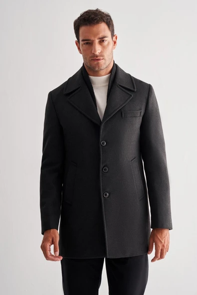 Koyu Antrasit Mono Yaka Classic Comfort Fit Esnek Kaşe Kaban 1008255160 ürün görseli