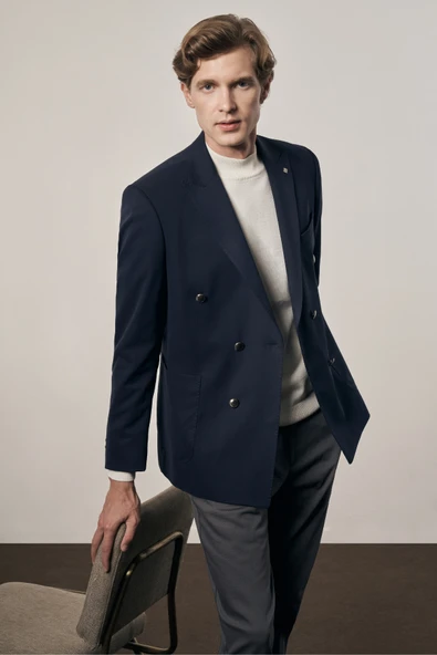 Koyu Lacivert Kılıç Yaka Pamuklu 6 Drop Slim Fit Classic Kruvaze Ceket 1002255113 ürün görseli