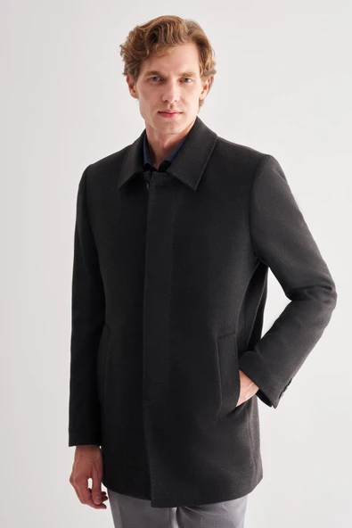 Koyu Antrasit Kaşe Bebe Yaka Kapitoneli Astar Comfort Fit Rahat Kesim Klasik Kaban 1008245161 - Resim 3