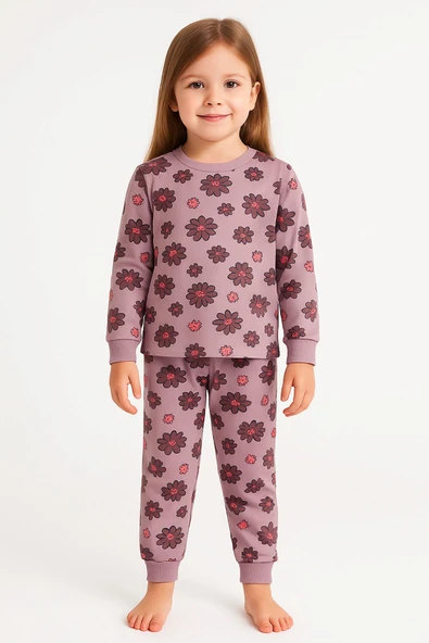 Purple Flower Desenli Kız Çocuk  Pijama Takımı - Resim 2