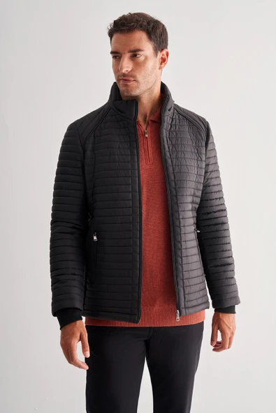 Siyah Dik Yaka Tam Astar Casual Slim Fit Kapitone Dolumlu Mont 1007255264 - 3