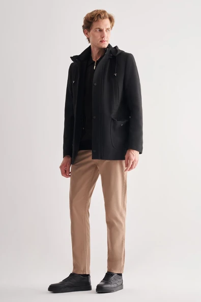 Siyah Kaşe Dik Yaka Astarlı Slim Fit Dar Kesim Klasik Kaban 1008245272 - 2