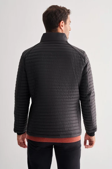 Siyah Dik Yaka Tam Astar Casual Slim Fit Kapitone Dolumlu Mont 1007255264 - 5