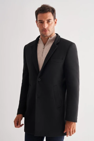Siyah Dik Yaka Esnek Slim Fit Classic Kaşe Kaban 1008255171 - 2