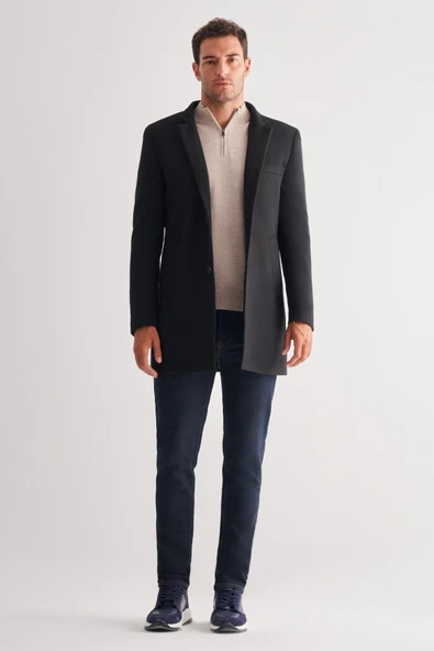 Siyah Dik Yaka Esnek Slim Fit Classic Kaşe Kaban 1008255171 - 1