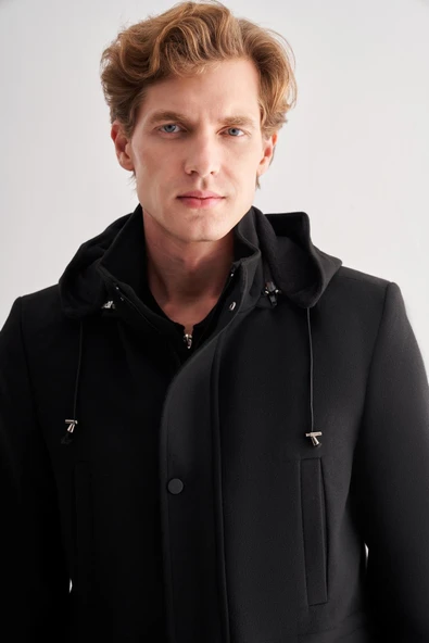 Siyah Kaşe Dik Yaka Astarlı Slim Fit Dar Kesim Klasik Kaban 1008245272 - 4