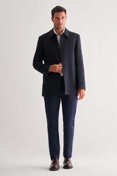 Koyu Lacivert Kaşe Bebe Yaka Kapitoneli Astar Comfort Fit Rahat Kesim Klasik Kaban 1008245161 - 2