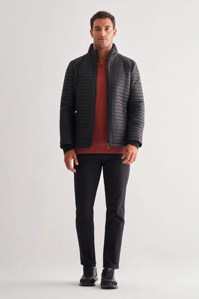 Siyah Dik Yaka Tam Astar Casual Slim Fit Kapitone Dolumlu Mont 1007255264 - 2