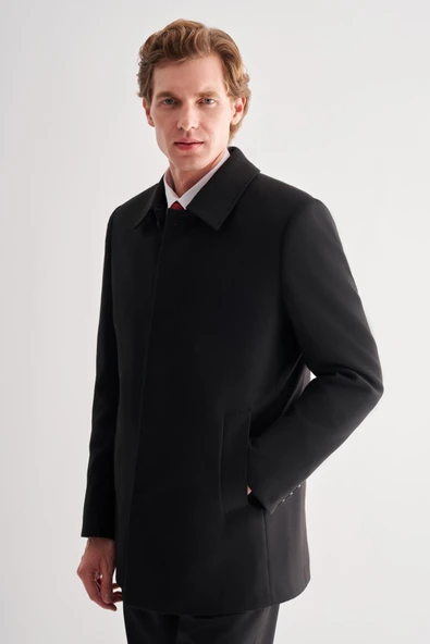 Siyah Kaşe Bebe Yaka Kapitoneli Astar Comfort Fit Rahat Kesim Klasik Kaban 1008245161 - 3