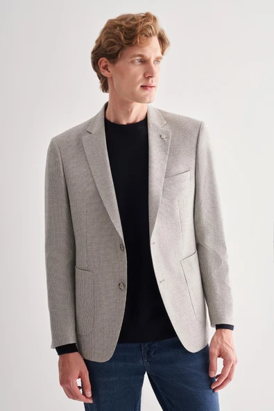 Gri Mono Yaka Desenli Örme Astarlı Çift Yırtmaç Esnek 4 Drop Comfort Fit Classic Ceket 1002255112 - Resim 3