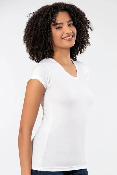 Weweus Beyaz Kadın Süper Ince Doğal Bambu Lüks Tişört 2315 - Resim 5