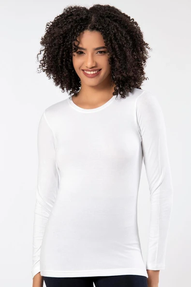 Weweus Beyaz Kadın Süper Ince Doğal Bambu Lüks Uzun Kol Tişört 2314 - Resim 6