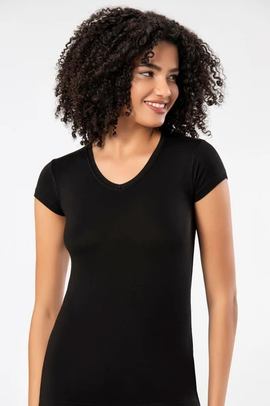 Weweus Siyah Kadın Süper Ince Doğal Bambu Lüks Tişört 2315 - Resim 4