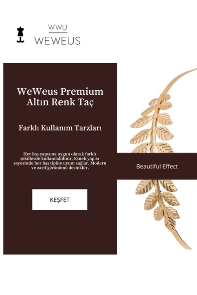 Weweus Kadın Yan Yaprak Gold Altın Renk Parlak Lüks Taç - 2