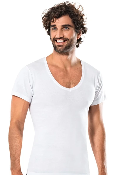 ERDEM İÇ GİYİM Erdem Beyaz Derin V Yaka Tişört - 1