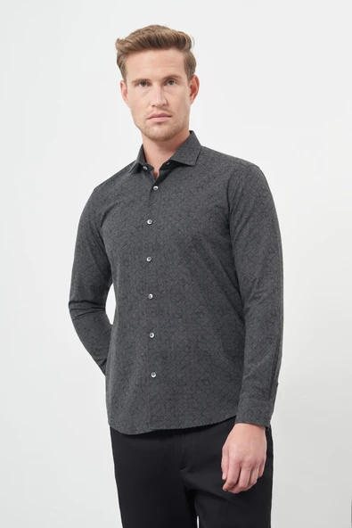 Siyah Uzun Kol Yarım İtalyan Yaka Cepsiz Pamuklu Classic Slim Fit Gömlek 1004245222 ürün görseli