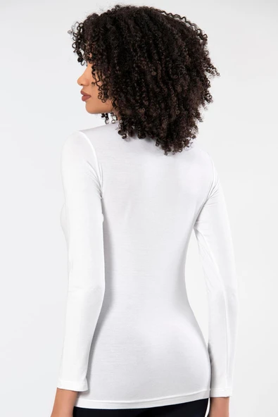 Weweus Beyaz Kadın Süper Ince Doğal Bambu Lüks Uzun Kol Tişört 2314 - Resim 3