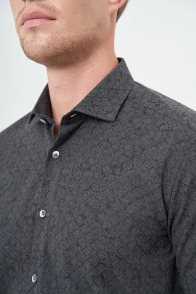 Siyah Uzun Kol Yarım İtalyan Yaka Cepsiz Pamuklu Classic Slim Fit Gömlek 1004245222 - Resim 4