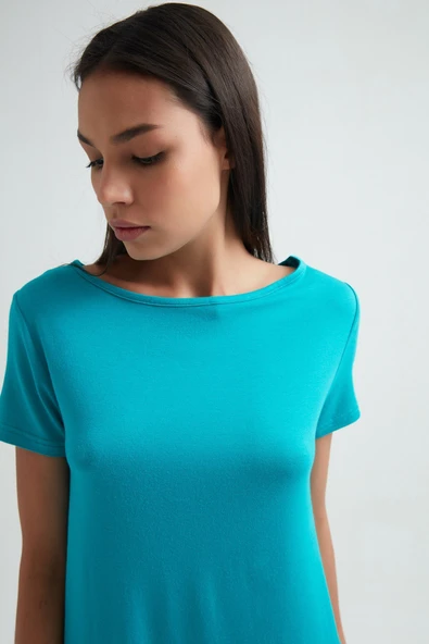 ERDEM İÇ GİYİM Erdem Turkuaz Viskon Kadın Uzun Tişört 214 - Resim 4