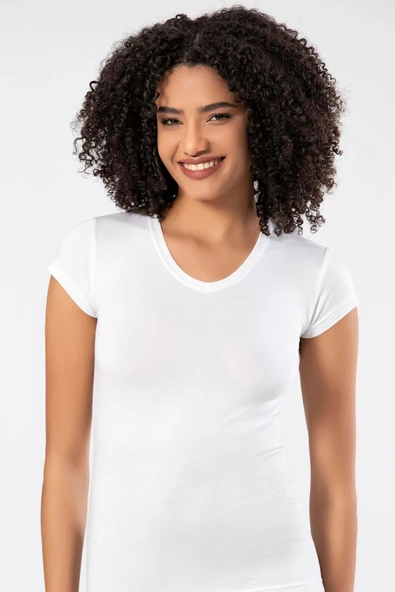 Weweus Beyaz Kadın Süper Ince Doğal Bambu Lüks Tişört 2315 - Resim 7