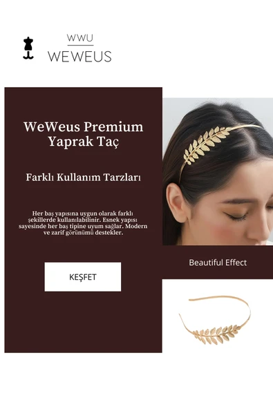 Weweus Kadın Yan Yaprak Gold Altın Renk Parlak Lüks Taç - 3